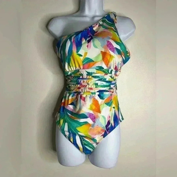 La Blanca Wild Tropic One Shoulder One Piece Swimsuit Size 12 - Picture 2 of 6